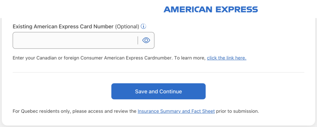 American Express（AMEX）の申し込み画面のスクリーンショット。Existing American Express Card Numberを記載する部分。