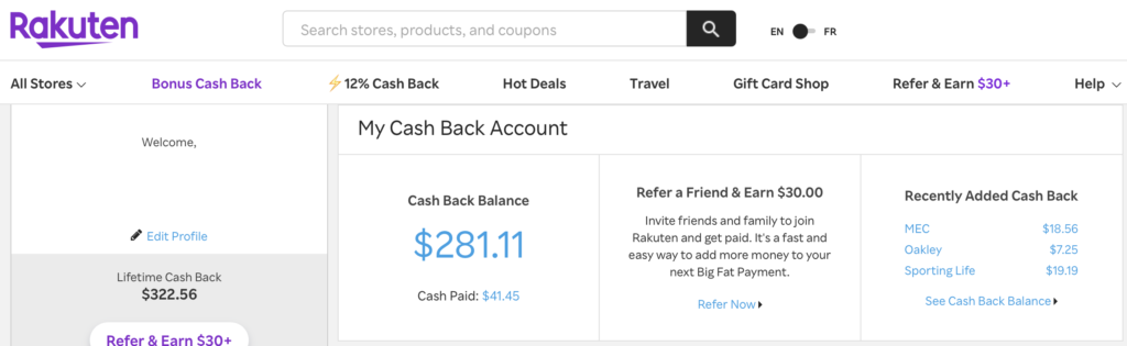Rakuten.caのアカウントのスクリーンショット。カナダ駐在員のRakuten.caを使ったキャッシュバックのイメージ。