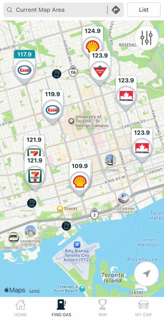GasBuddyアプリによるトロント中心部のガソリン価格マップ