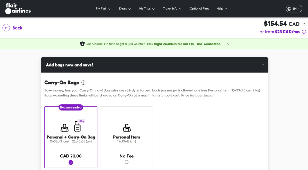Flairの手荷物追加料金のスクリーンショット。