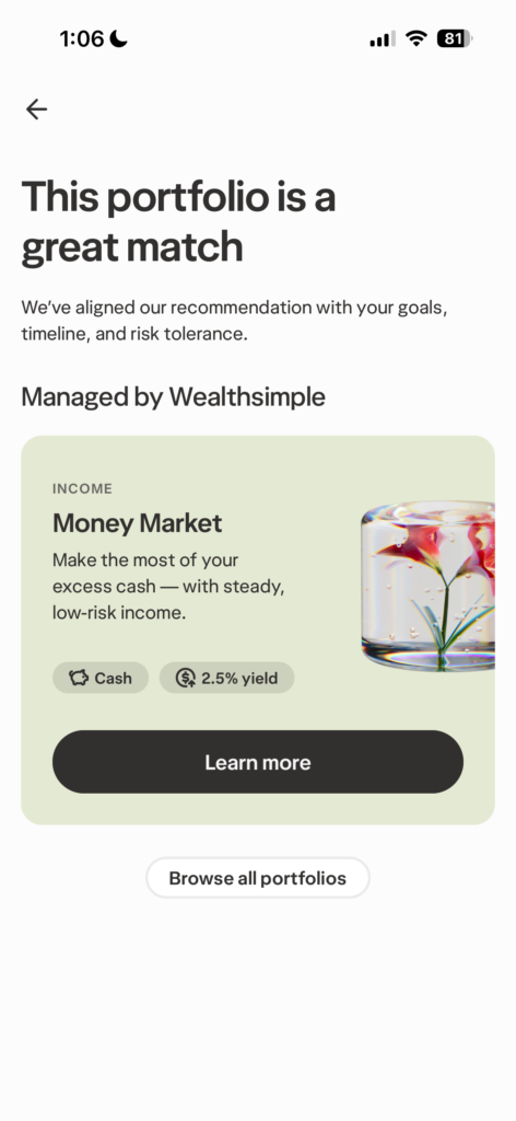 Wealthsimpleのポートフォリオ機能のスクリーンショット。